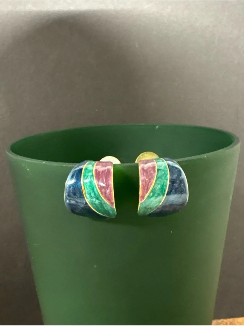 Vintage Multicolor Enamel Half-Hoop Earrings - Green, Blue & Pink